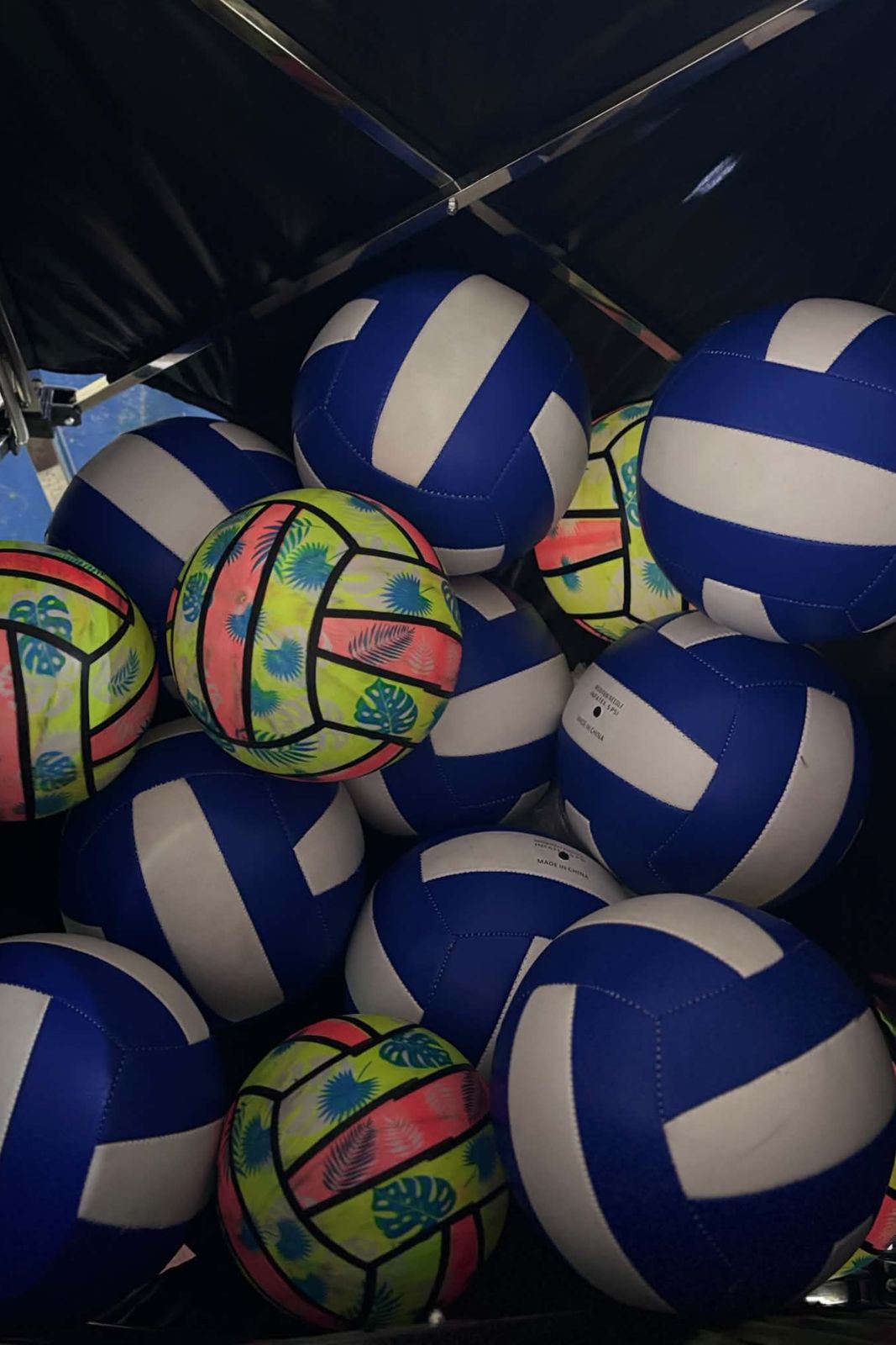 A crate of AVC training volleyballs ready before a session